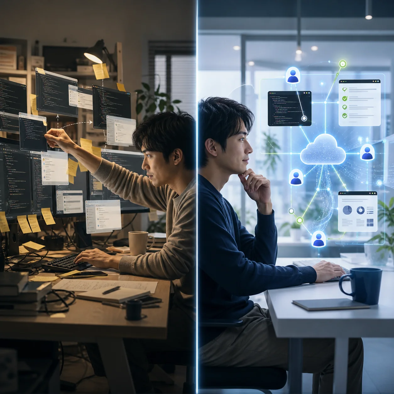左は開発者が複数の AI の間で情報を運んでいる様子、右は AI 同士が直接やり取りする中で開発者が判断だけをしている様子